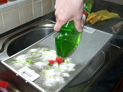 Pouring washing up liquid to the extractor filter